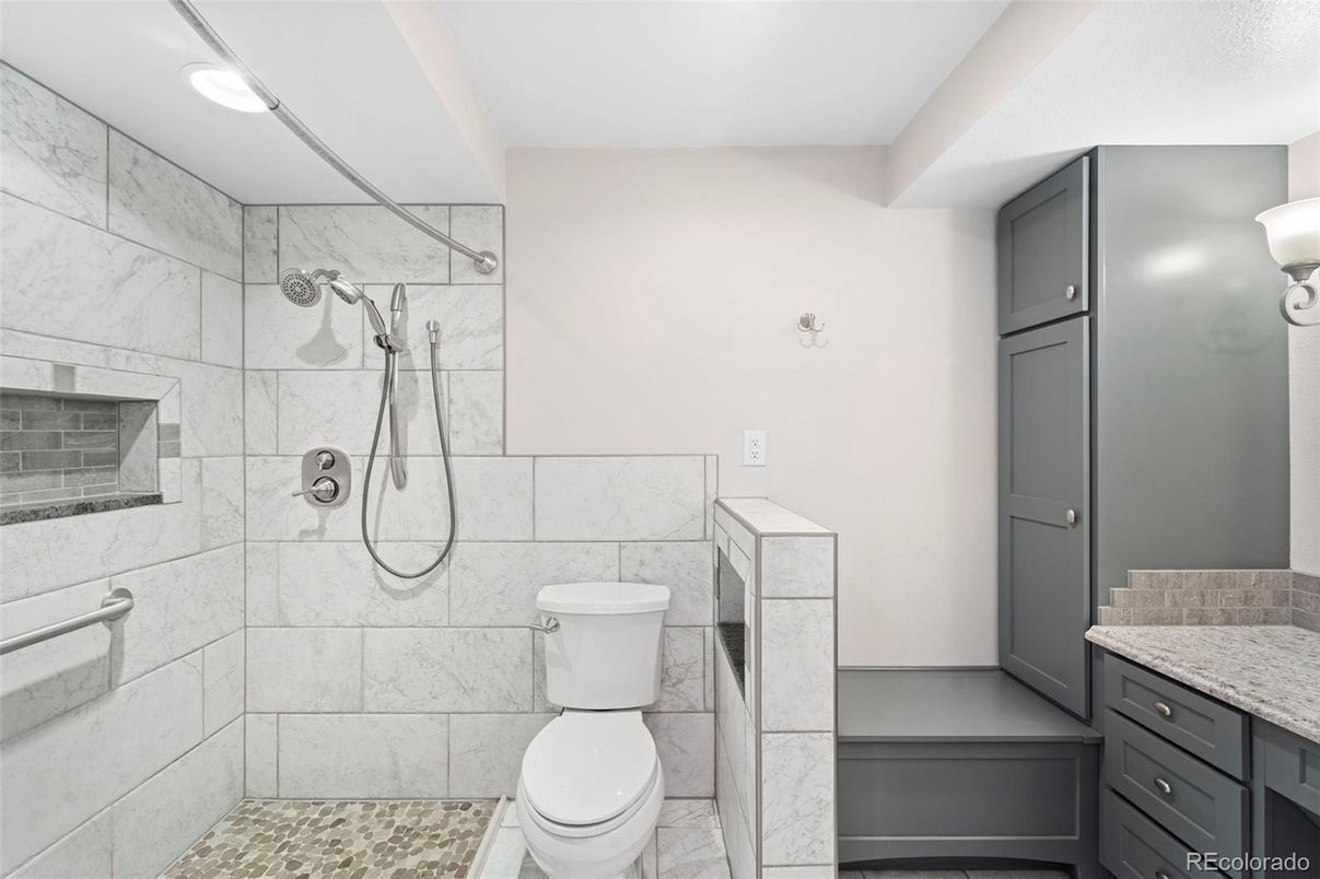 Bathroom, Glass Shower, Interior, Marble Walls, Recessed Lighting