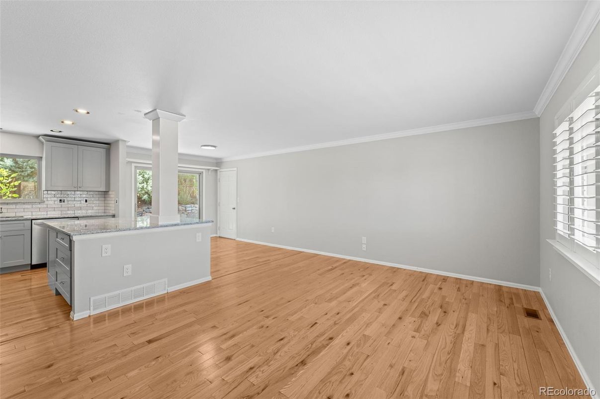 Empty room, Interior, Kitchen, Recessed Lighting, Wood Texture Flooring
