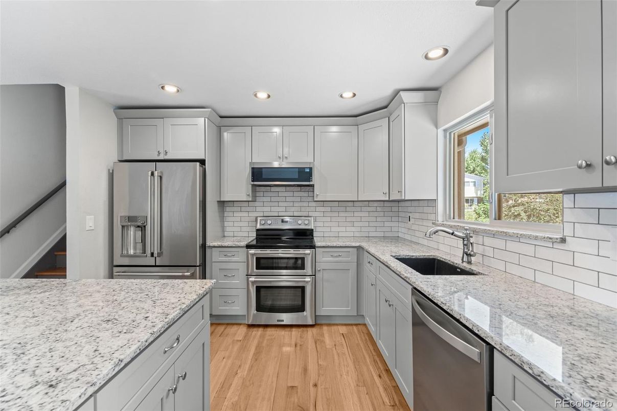 Interior, Kitchen, Recessed Lighting, Stainless Steel Appliances, Wood Texture Flooring