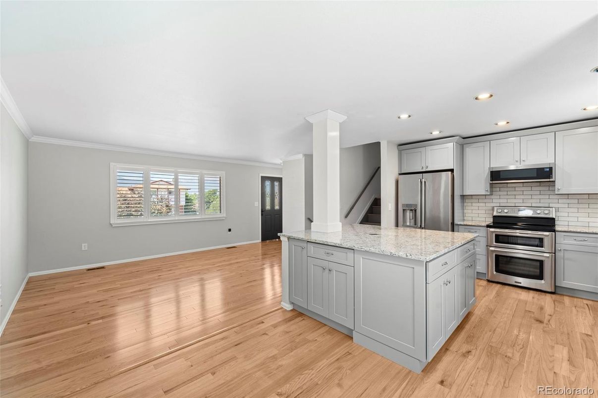 Interior, Kitchen, Recessed Lighting, Stainless Steel Appliances, Wood Texture Flooring