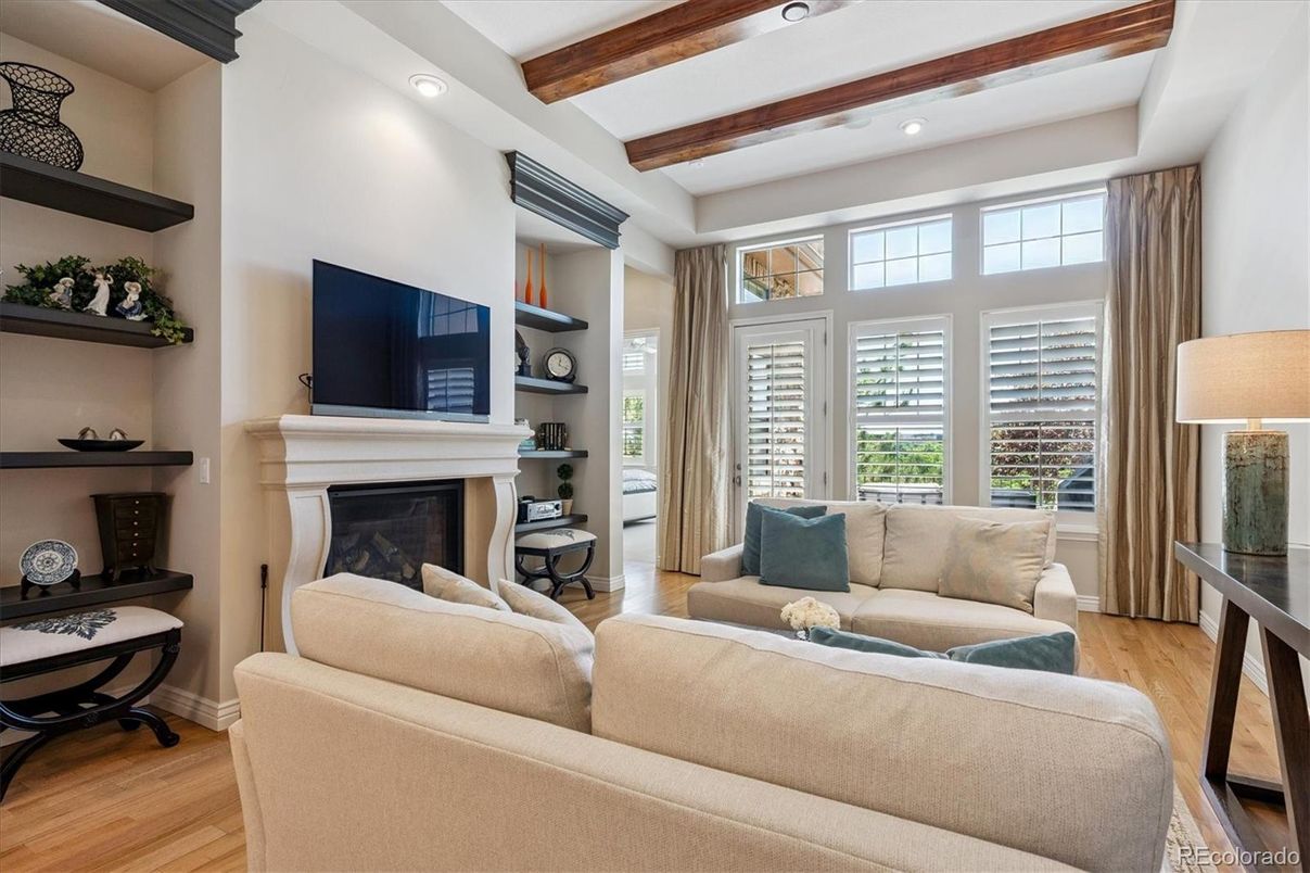 Fireplace, Interior, Living room, Recessed Lighting, Wooden Beams, Wood Texture Flooring