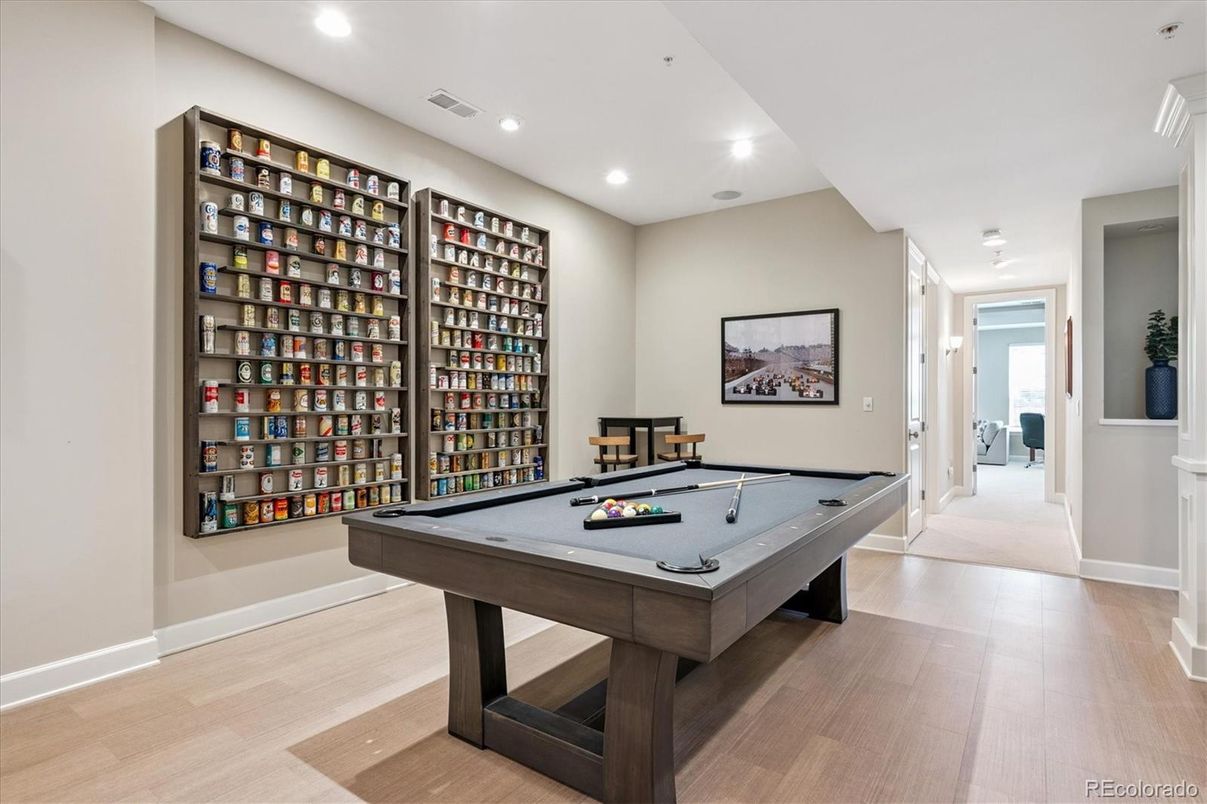 Billiard Table, Game Room, Interior, Recessed Lighting, Wood Texture Flooring