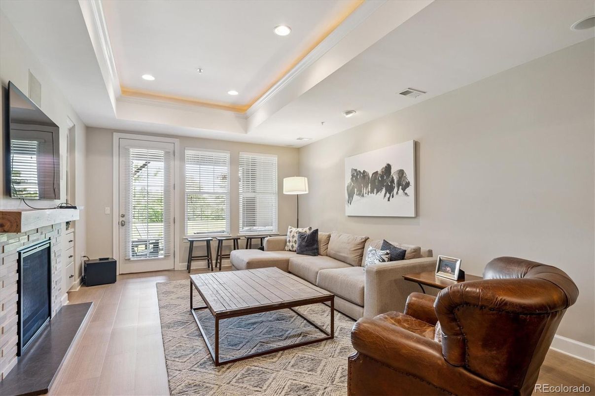 Fireplace, Interior, Living room, Recessed Lighting, Wood Texture Flooring