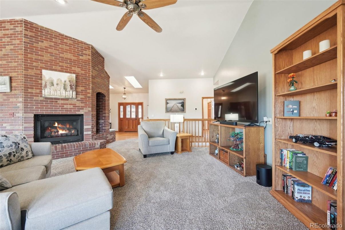 Fireplace, Interior, Living room, Recessed Lighting, Stone Walls