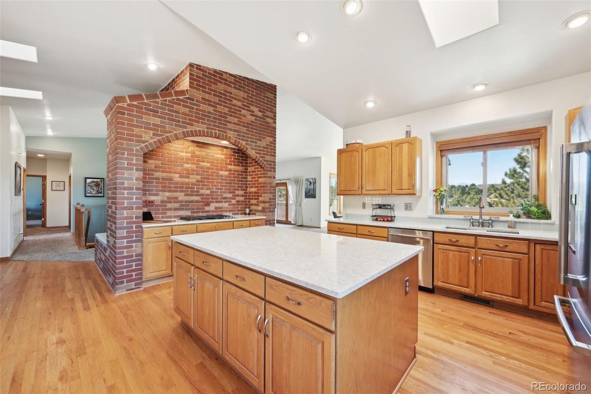 Interior, Kitchen, Recessed Lighting, Stone Walls, Wood Texture Flooring