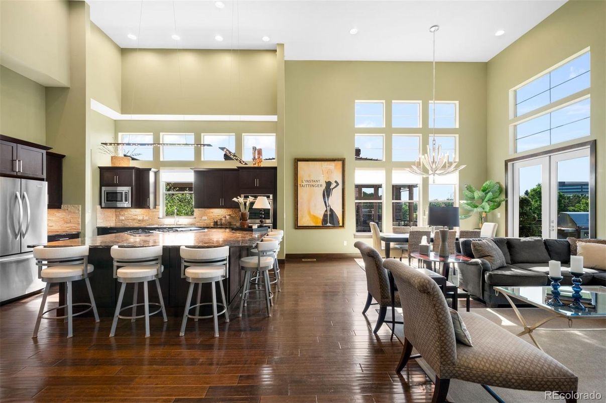 Dining room, Interior, Kitchen, Living room, Pendant Lights, Recessed Lighting, Stainless Steel Appliances, Wood Texture Flooring