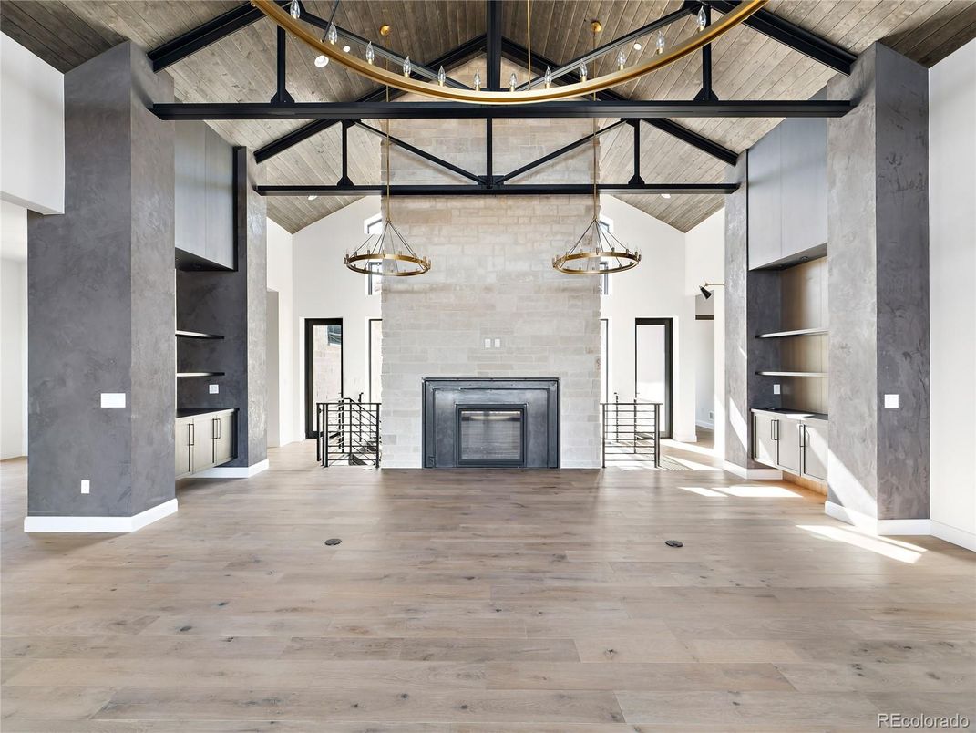 Empty room, Fireplace, Interior, Pendant Lights, Wooden Ceilings, Wood Texture Flooring