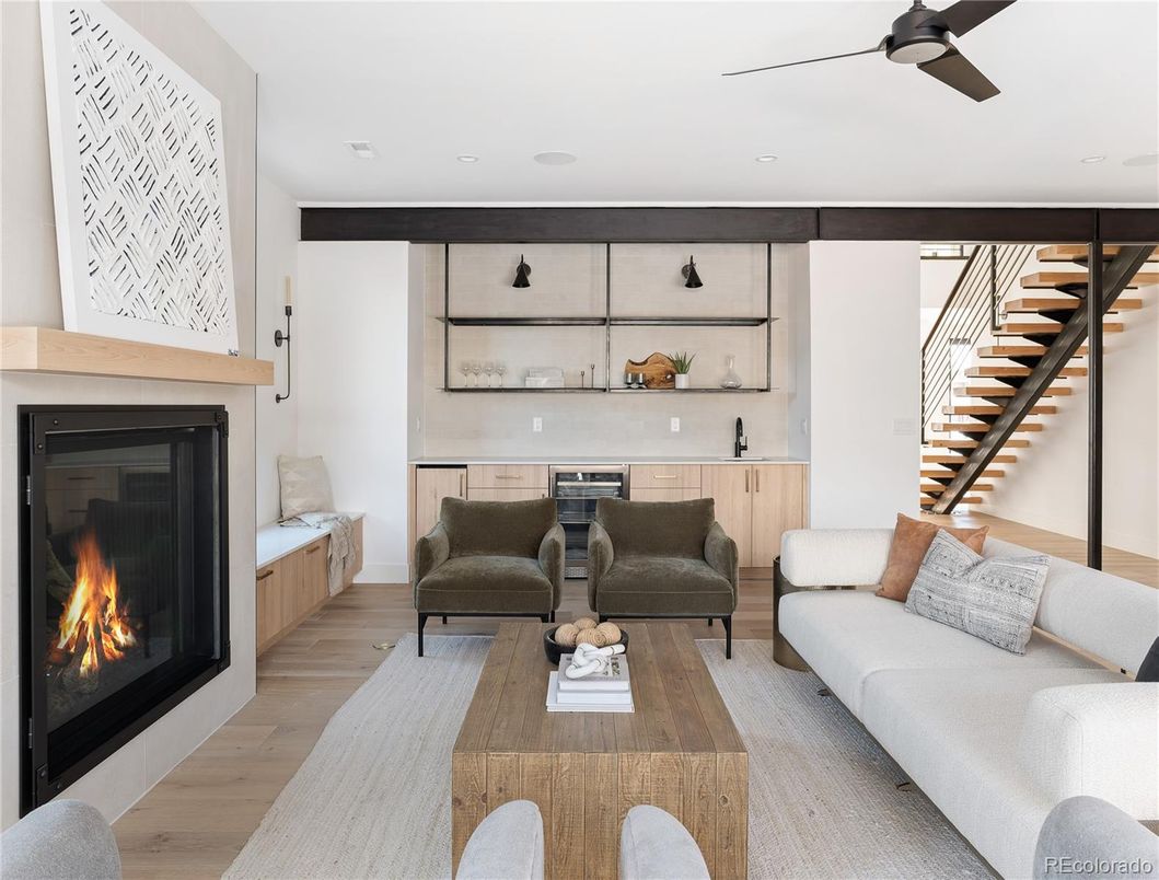 Fireplace, Interior, Living room, Recessed Lighting, Wood Texture Flooring