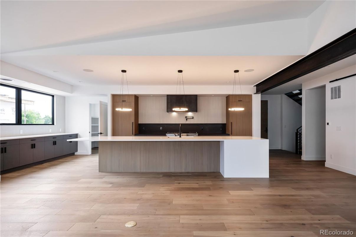 Interior, Kitchen, Pendant Lights, Recessed Lighting, Wood Texture Flooring