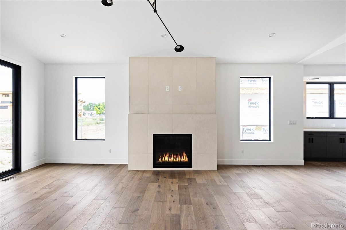 Empty room, Fireplace, Interior, Recessed Lighting, Wood Texture Flooring