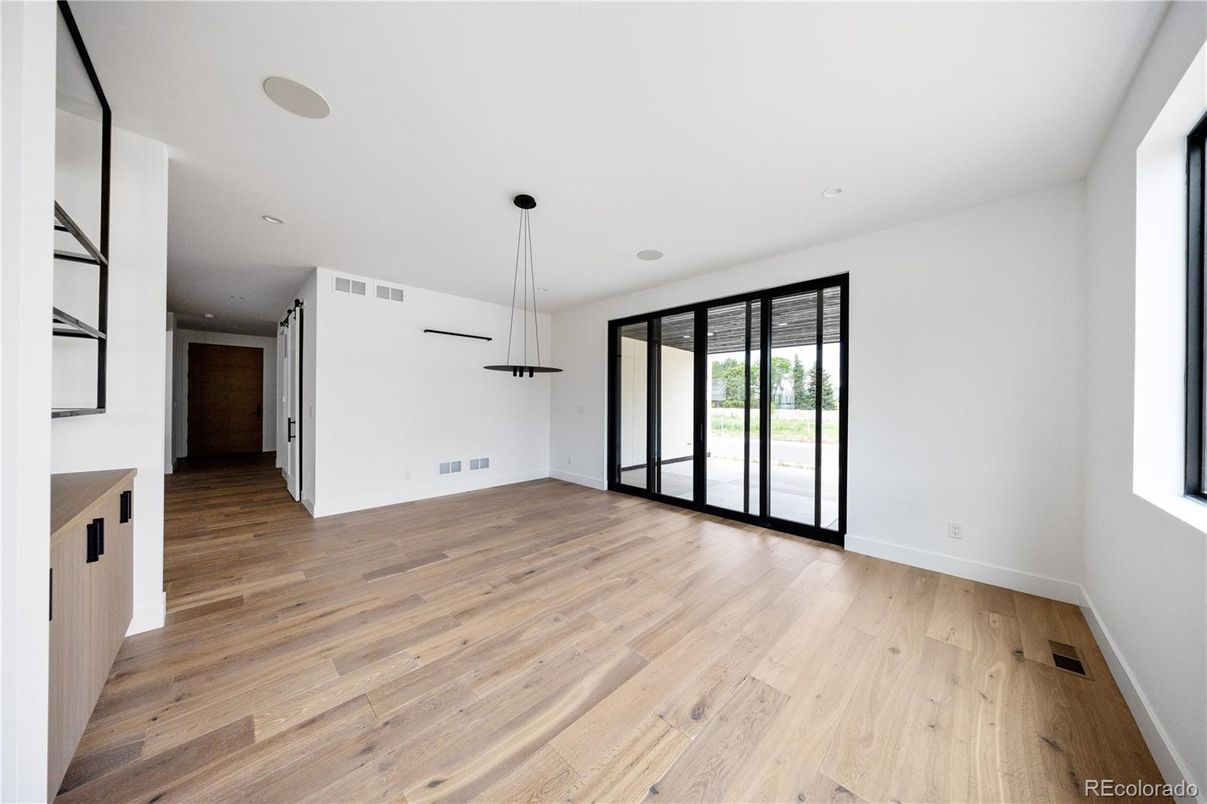 Empty room, Interior, Pendant Lights, Recessed Lighting, Wood Texture Flooring