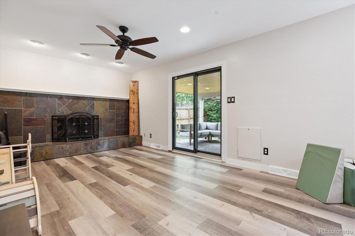 Empty room, Fireplace, Interior, Recessed Lighting, Wood Texture Flooring