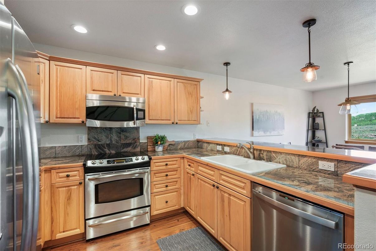 Interior, Kitchen, Pendant Lights, Recessed Lighting, Stainless Steel Appliances, Wood Texture Flooring