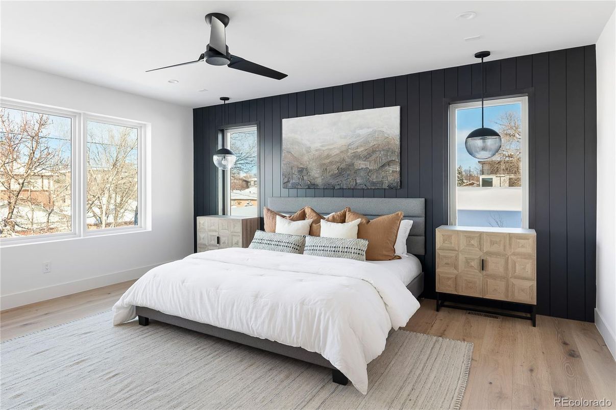 Bedroom, Interior, Pendant Lights, Wood Texture Flooring