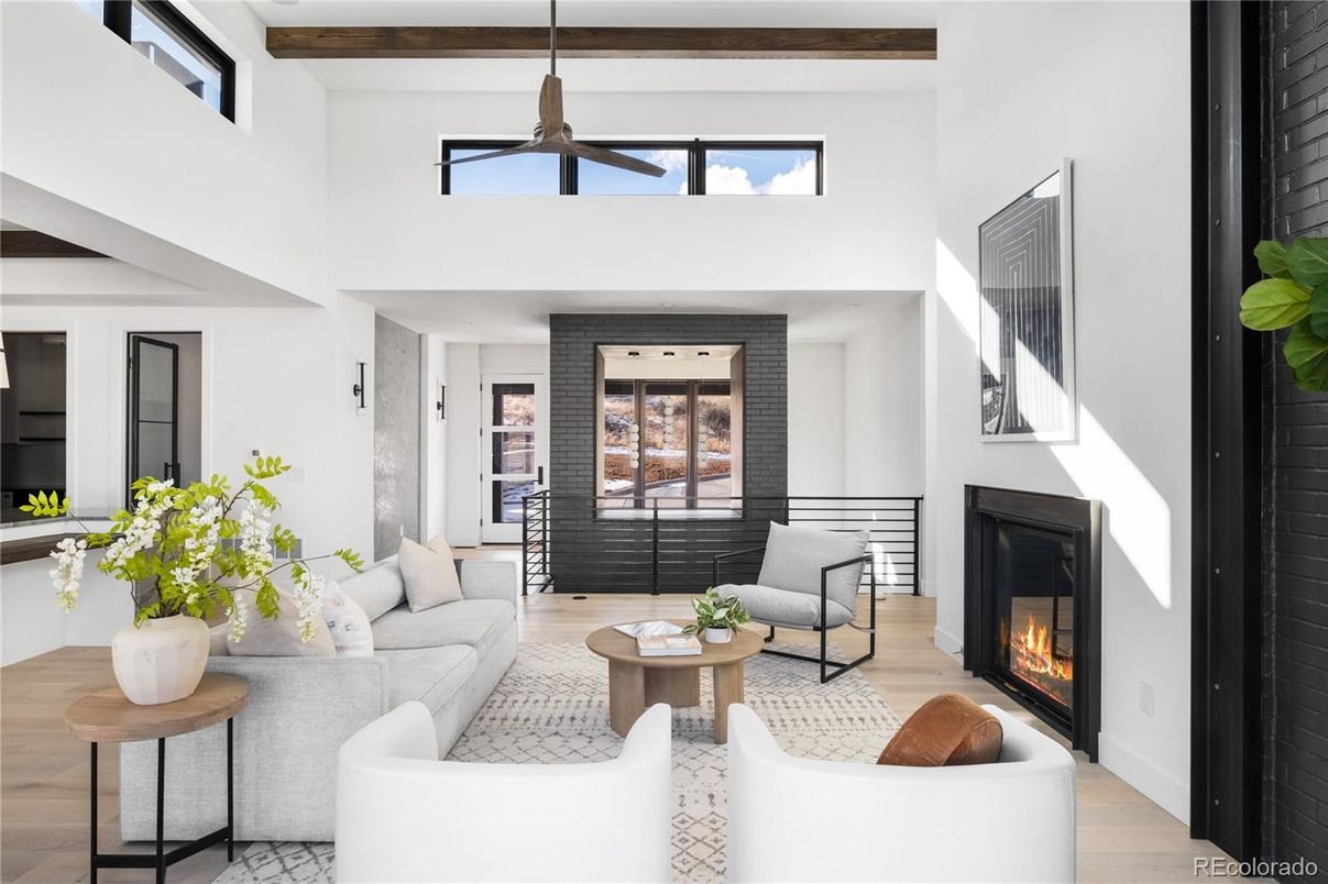 Fireplace, Interior, Living room, Pendant Lights, Wood Texture Flooring