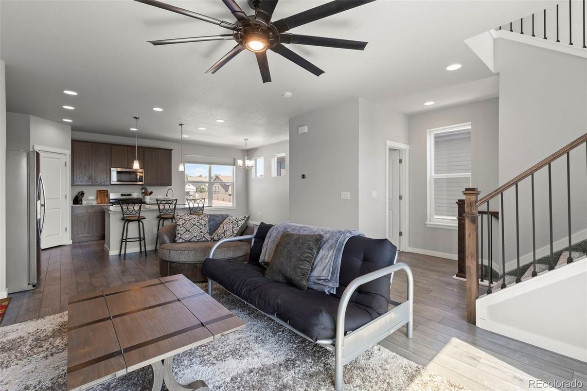 Interior, Kitchen, Living room, Pendant Lights, Recessed Lighting, Wood Texture Flooring