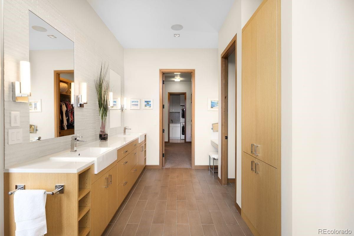 Bathroom, Dual Sink Vanities, Interior, Recessed Lighting, Wood Texture Flooring