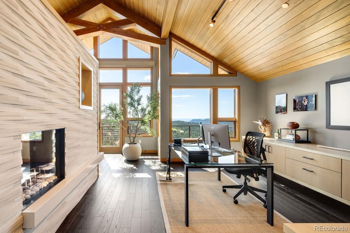 Fireplace, Home Office, Interior, Water, Wooden Beams, Wooden Ceilings, Wood Texture Flooring, Wooden Walls