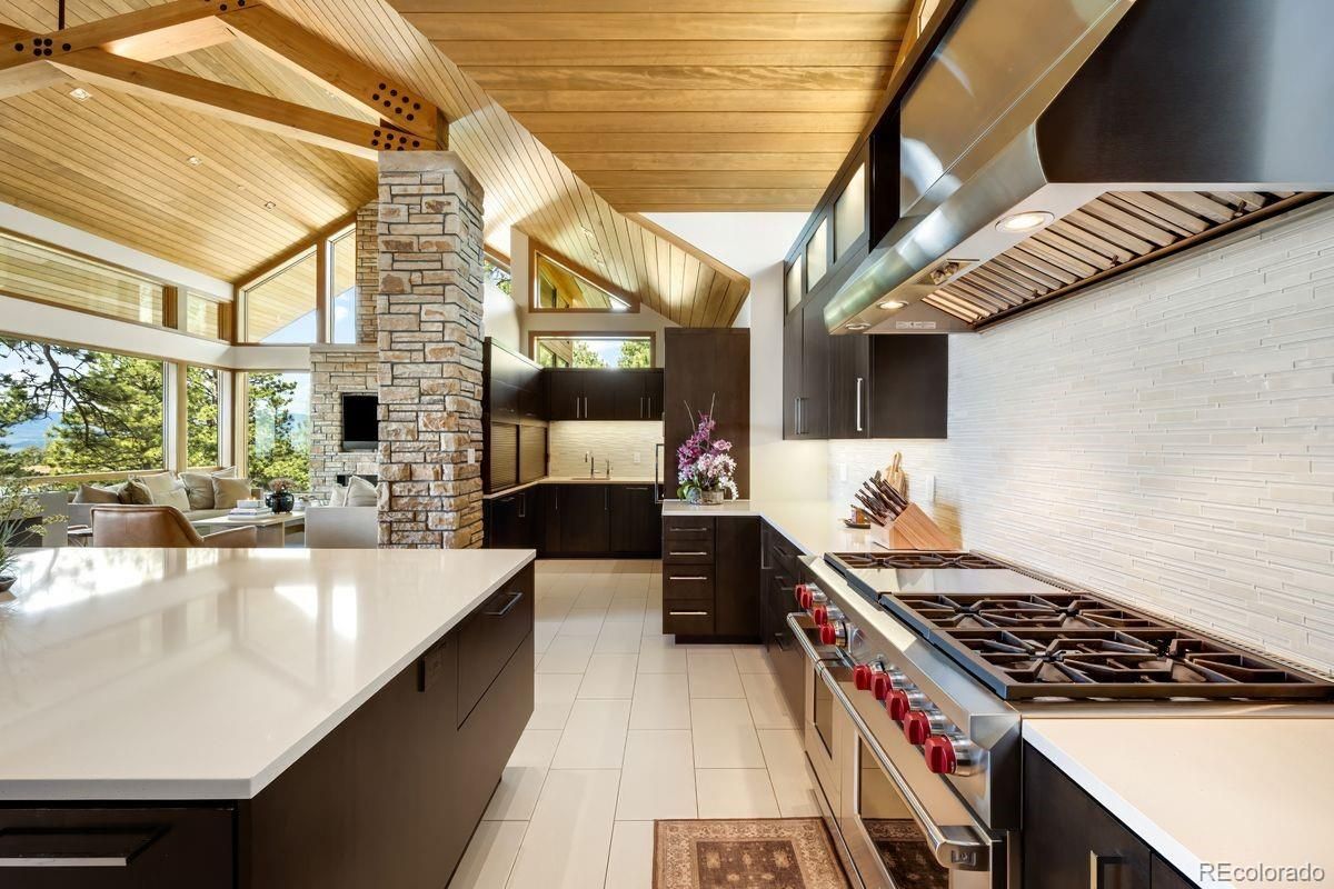 Fireplace, Interior, Kitchen, Stone Walls, Wooden Ceilings