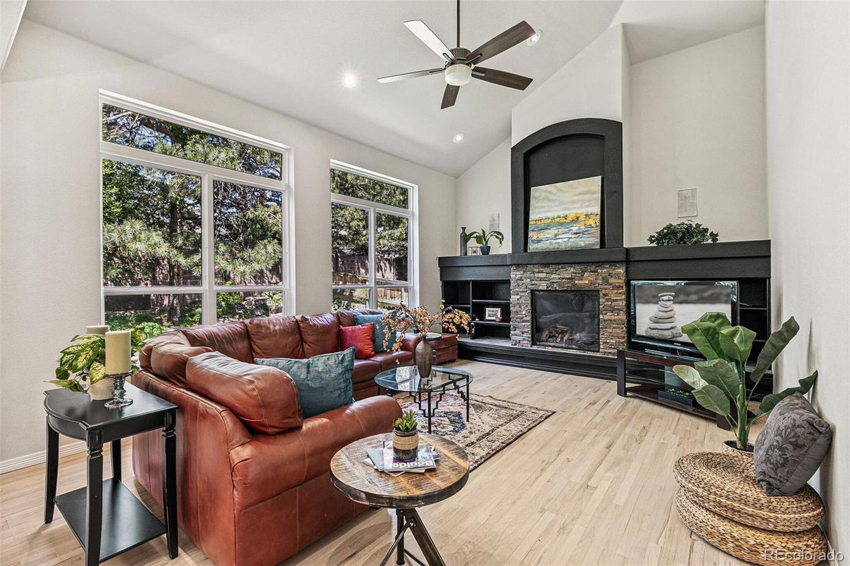 Fireplace, Interior, Living room, Recessed Lighting, Wood Texture Flooring