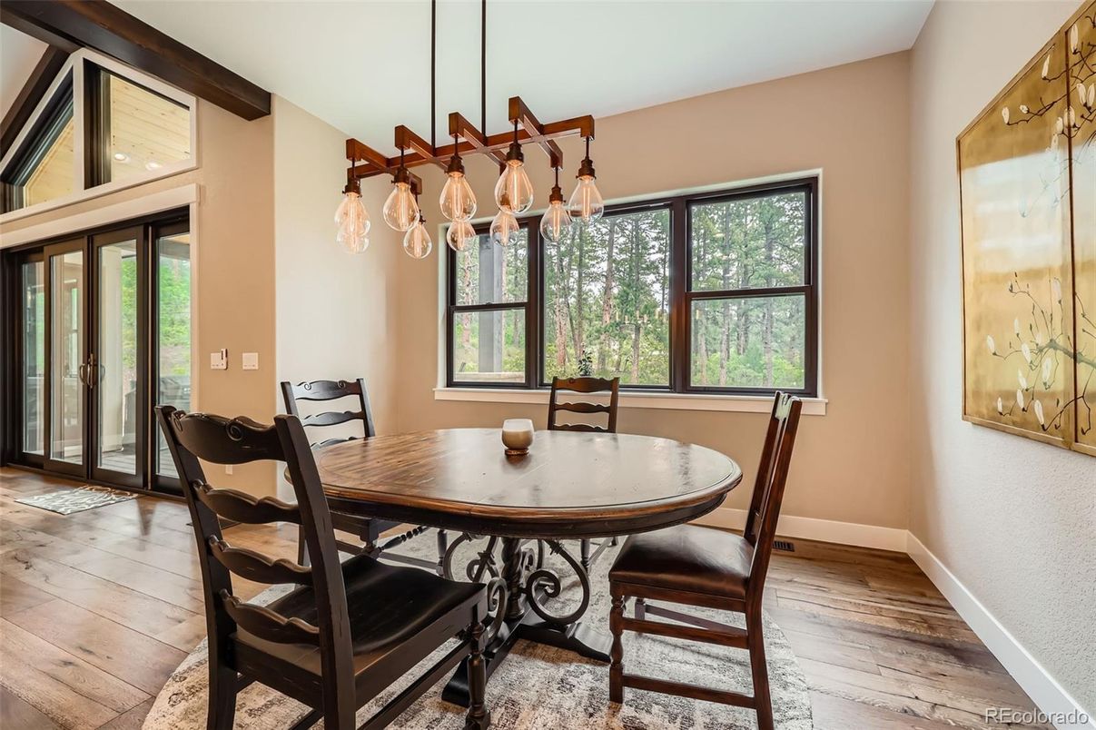 Dining room, Interior, Pendant Lights, Wood Texture Flooring