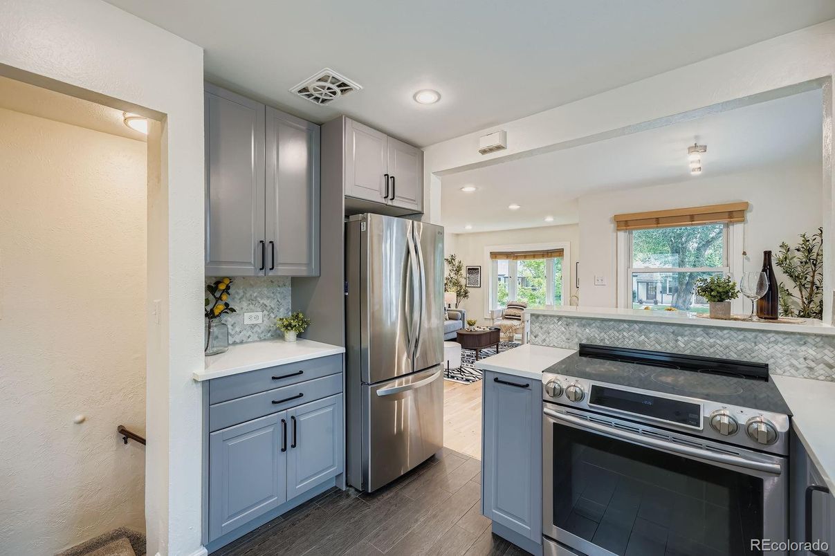 Interior, Kitchen, Recessed Lighting, Stainless Steel Appliances, Wood Texture Flooring