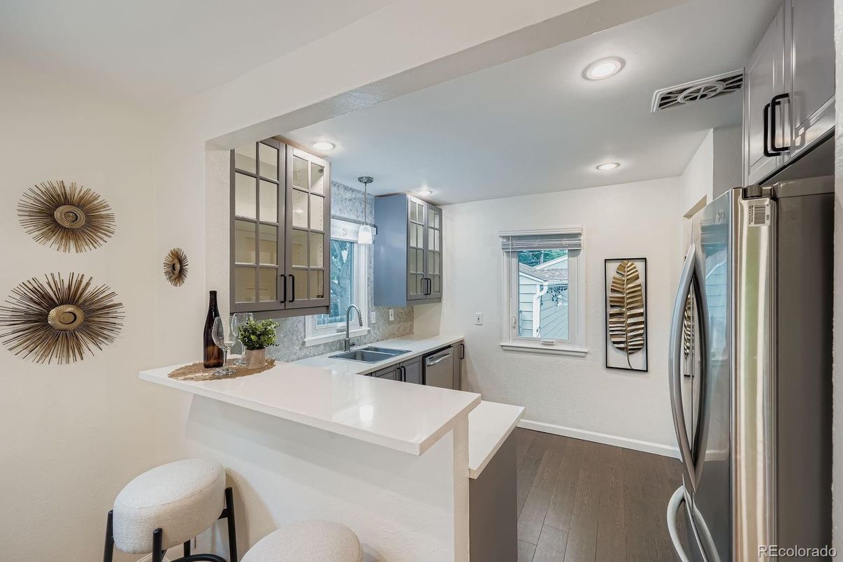 Interior, Kitchen, Recessed Lighting, Stainless Steel Appliances, Wood Texture Flooring