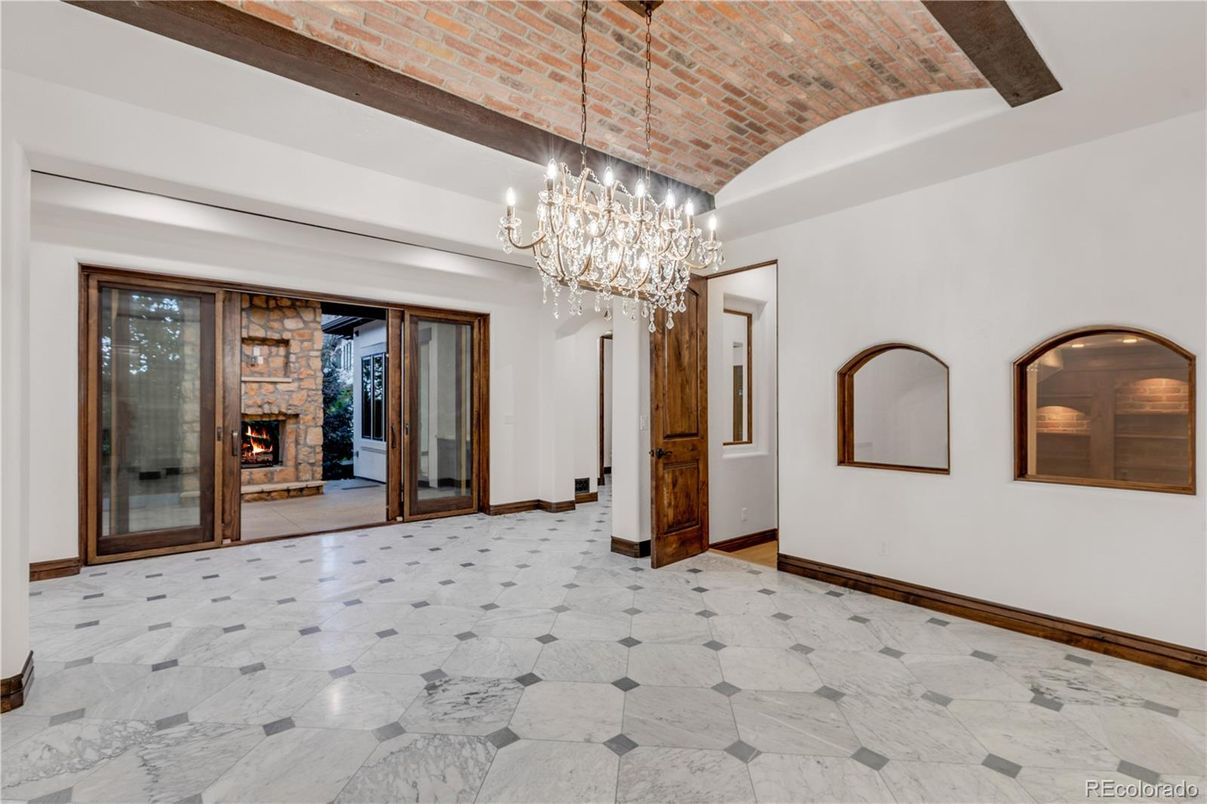 Chandelier, Empty room, Fireplace, Interior, Marble, Stone Walls, Wooden Beams