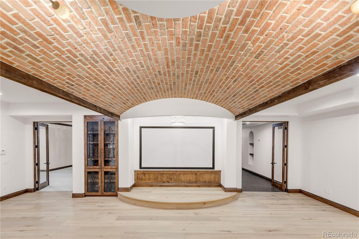 Empty room, Interior, Projection Screen, Stone Walls, Wood Texture Flooring