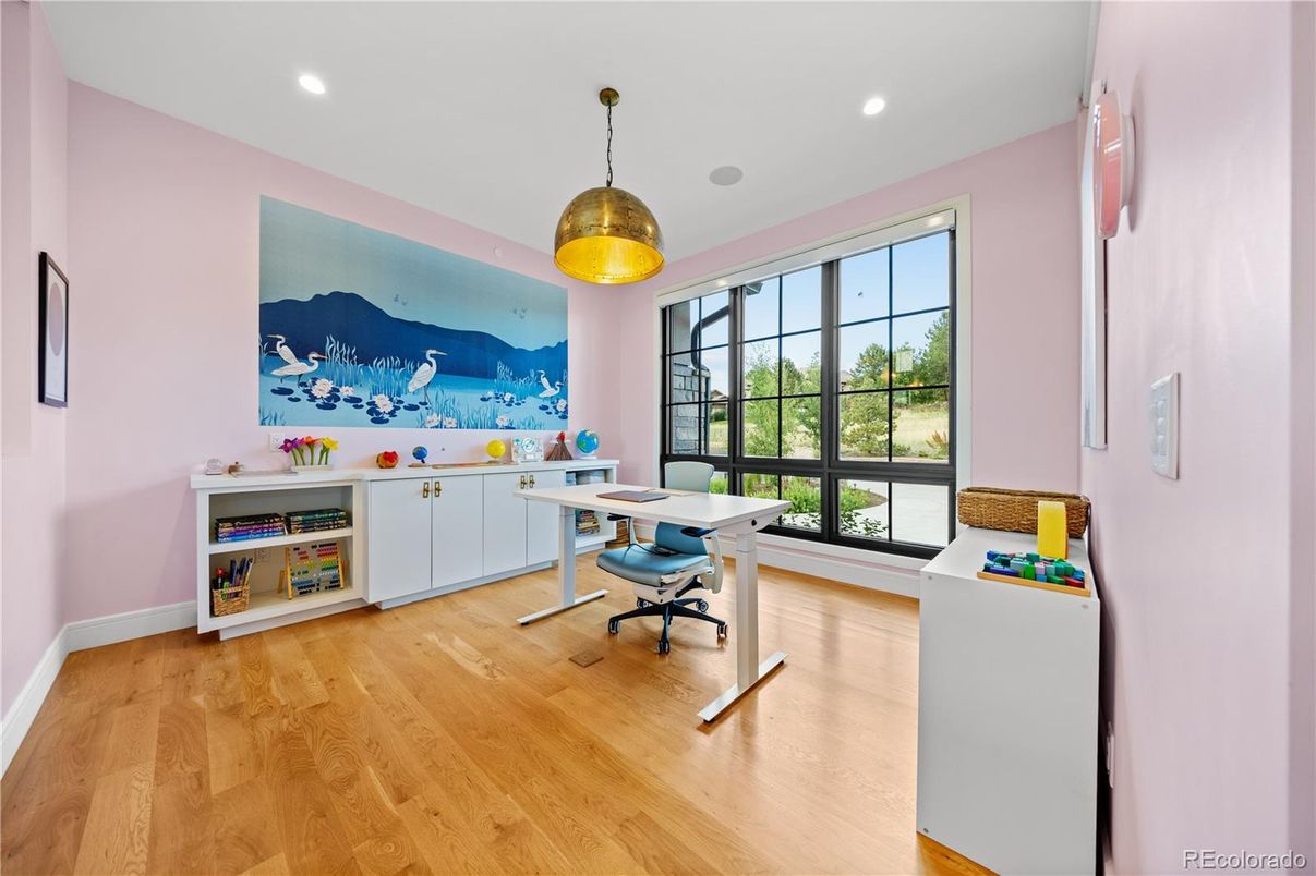 Home Office, Interior, Pendant Lights, Recessed Lighting, Wood Texture Flooring