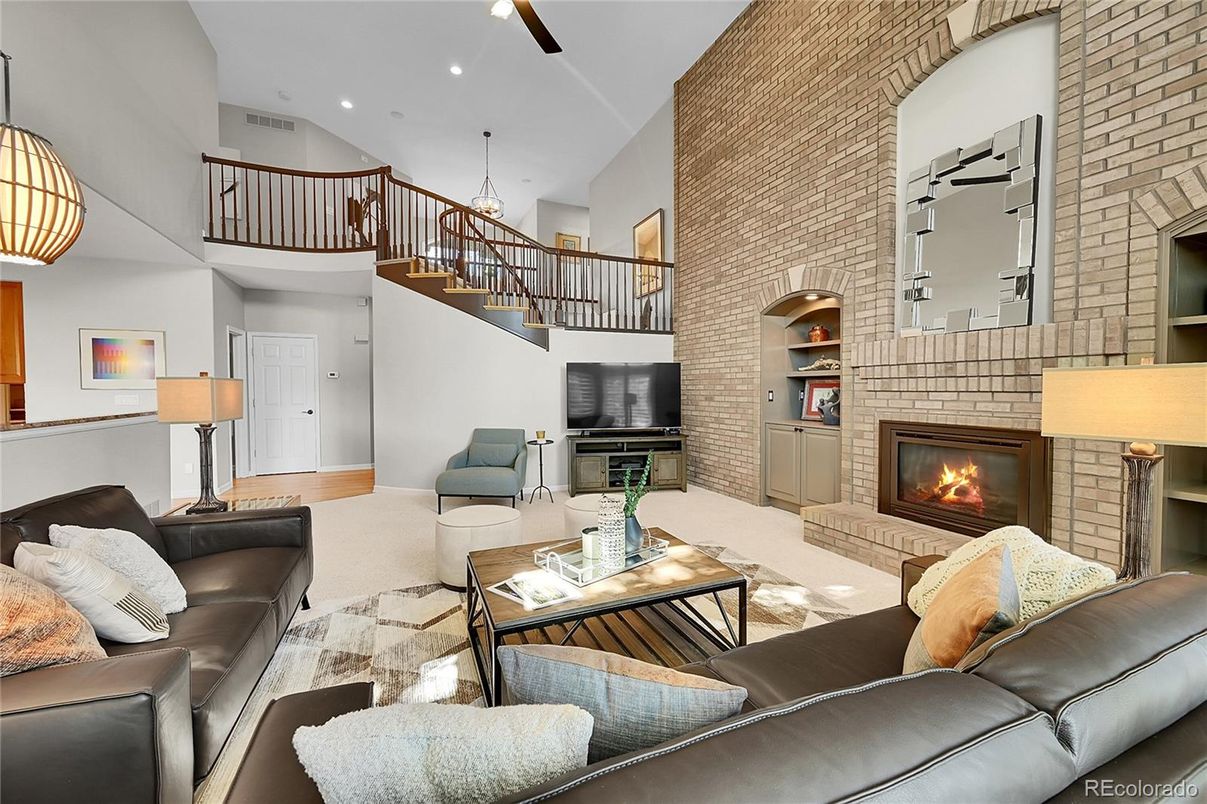 Fireplace, Interior, Living room, Pendant Lights, Recessed Lighting, Stone Walls