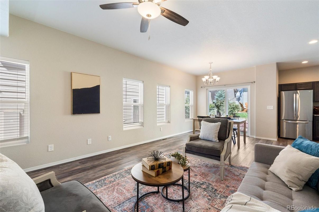 Chandelier, Dining room, Interior, Kitchen, Living room, Recessed Lighting, Stainless Steel Appliances, Wood Texture Flooring