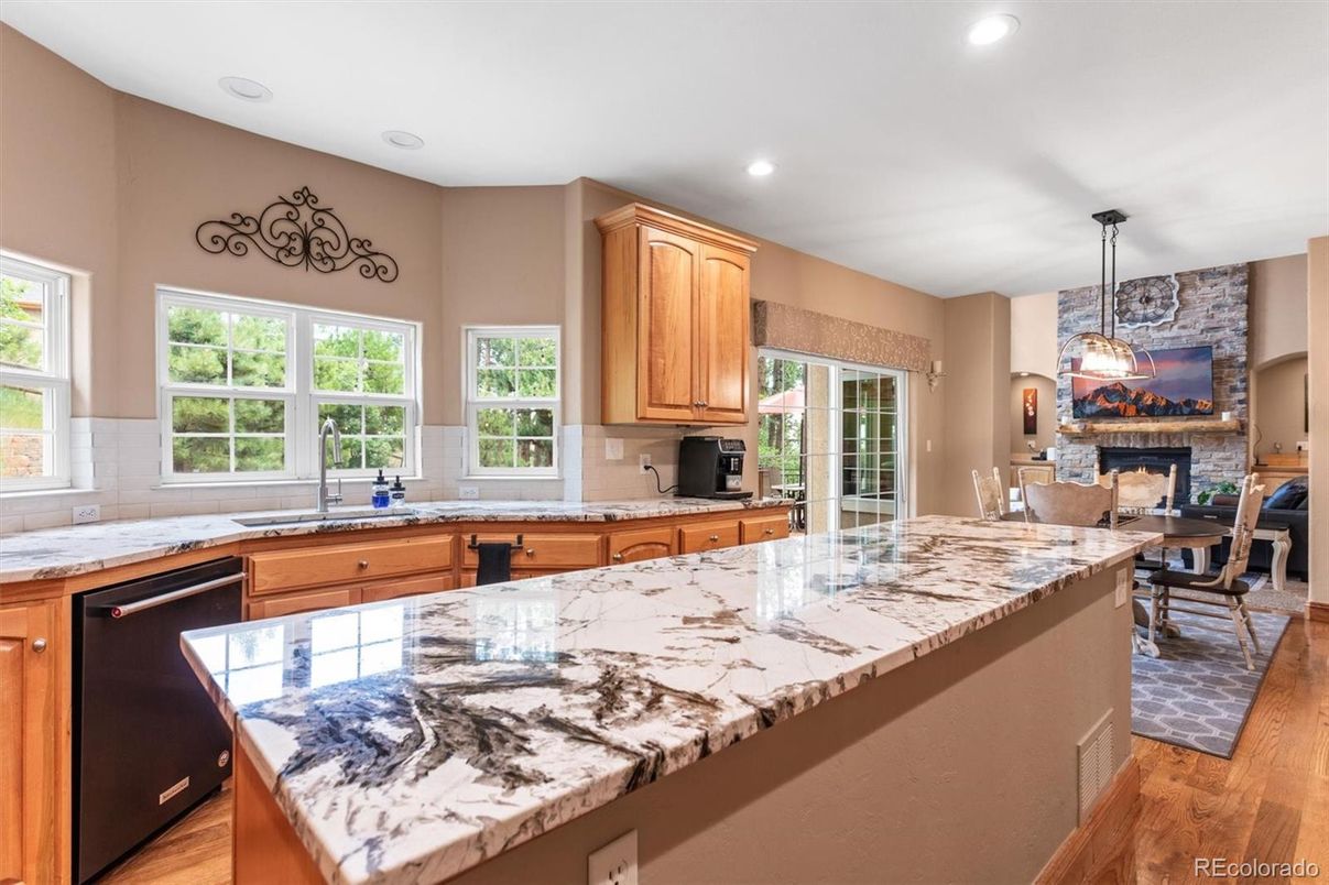 Dining room, Fireplace, Interior, Kitchen, Pendant Lights, Recessed Lighting, Wood Texture Flooring