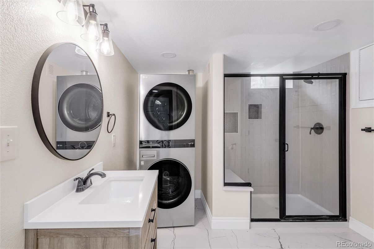 Bathroom, Glass Shower, Interior, Marble, Washer