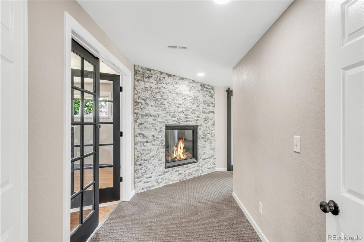 Fireplace, Interior, Recessed Lighting, Stone Walls