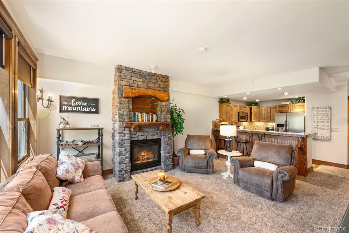 Fireplace, Interior, Kitchen, Living room, Recessed Lighting, Stone Walls