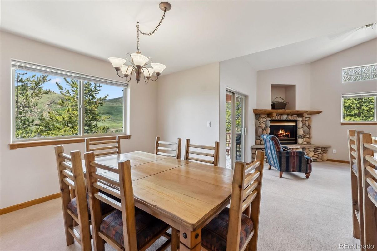Chandelier, Dining room, Fireplace, Interior