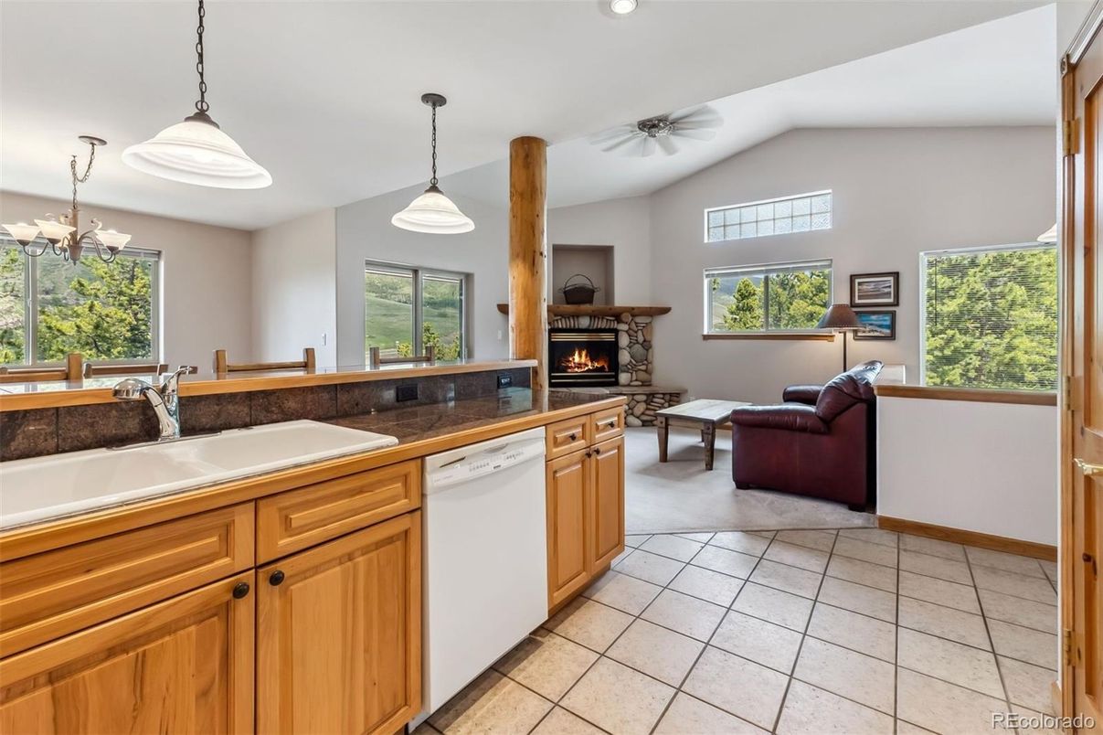 Fireplace, Interior, Kitchen, Pendant Lights, Recessed Lighting