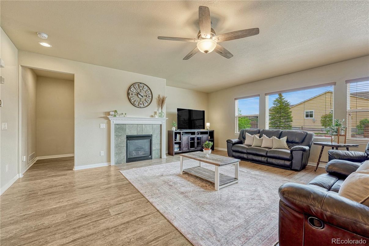 Fireplace, Interior, Living room, Recessed Lighting, Wood Texture Flooring