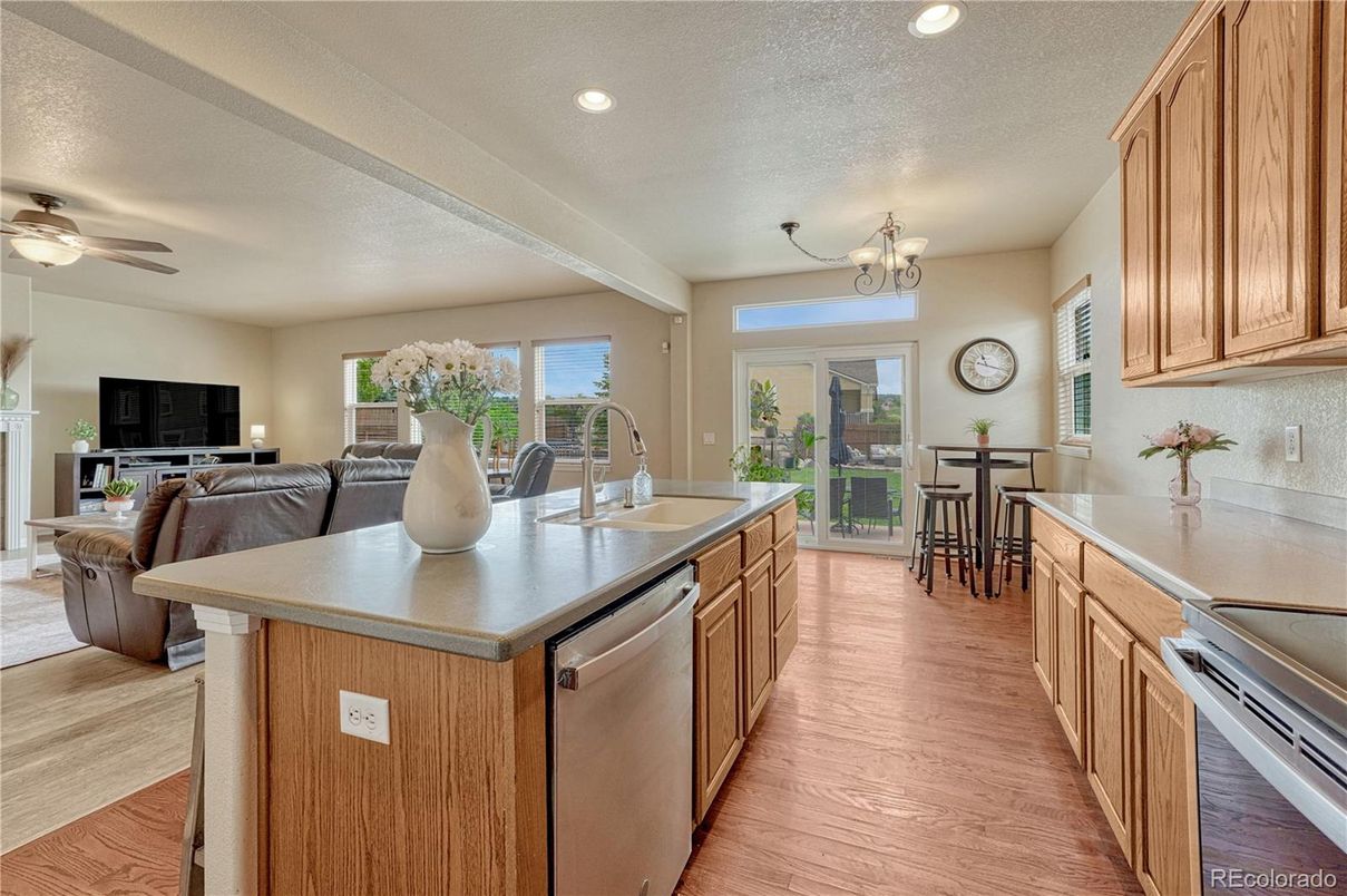 Dining room, Interior, Kitchen, Living room, Recessed Lighting, Wood Texture Flooring