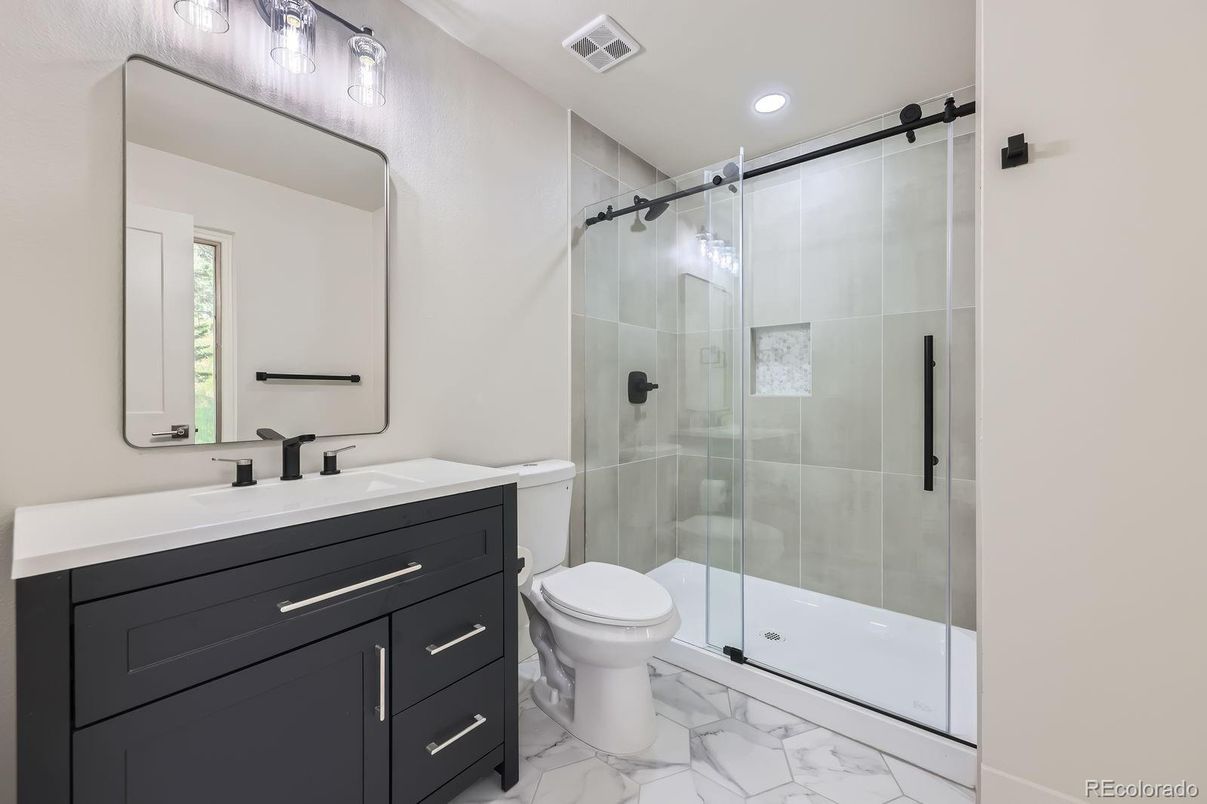 Bathroom, Glass Shower, Interior, Marble, Recessed Lighting