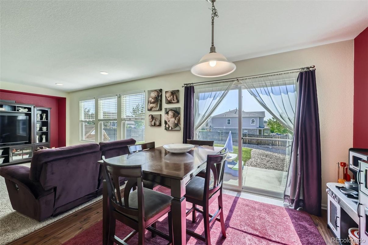 Dining room, Interior, Pendant Lights, Recessed Lighting, Wood Texture Flooring