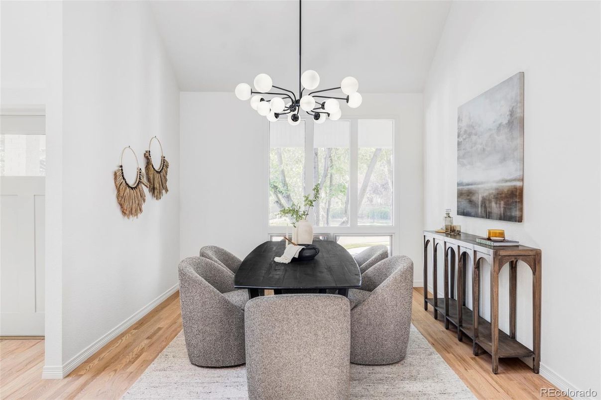Dining room, Interior, Pendant Lights, Wood Texture Flooring