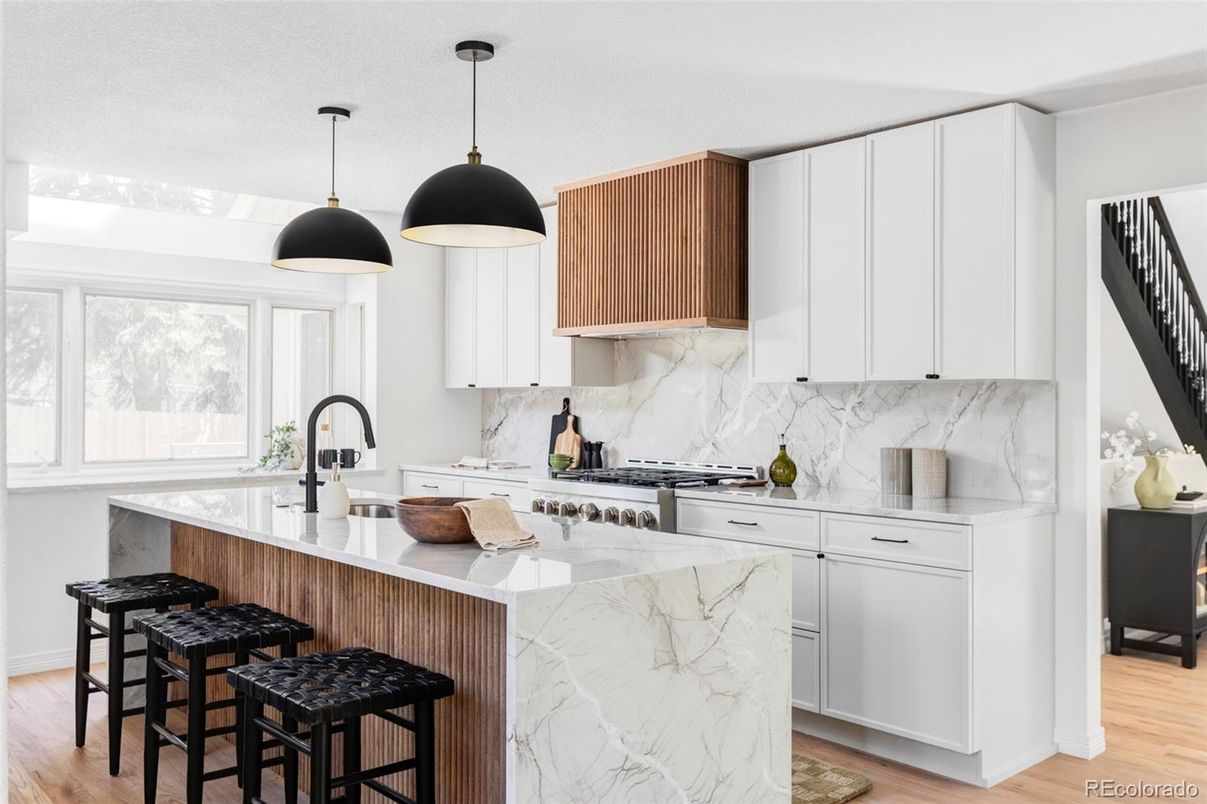 Interior, Kitchen, Marble Walls, Pendant Lights, Wood Texture Flooring