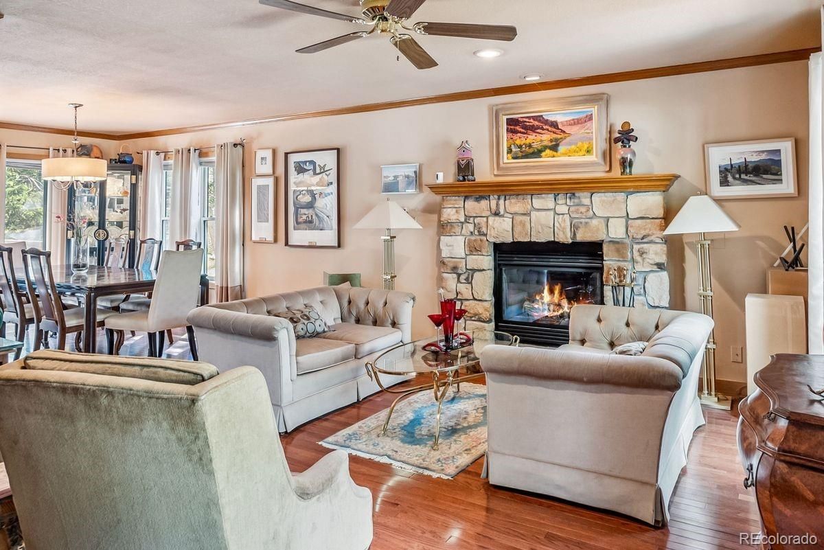 Dining room, Fireplace, Interior, Living room, Recessed Lighting, Wood Texture Flooring