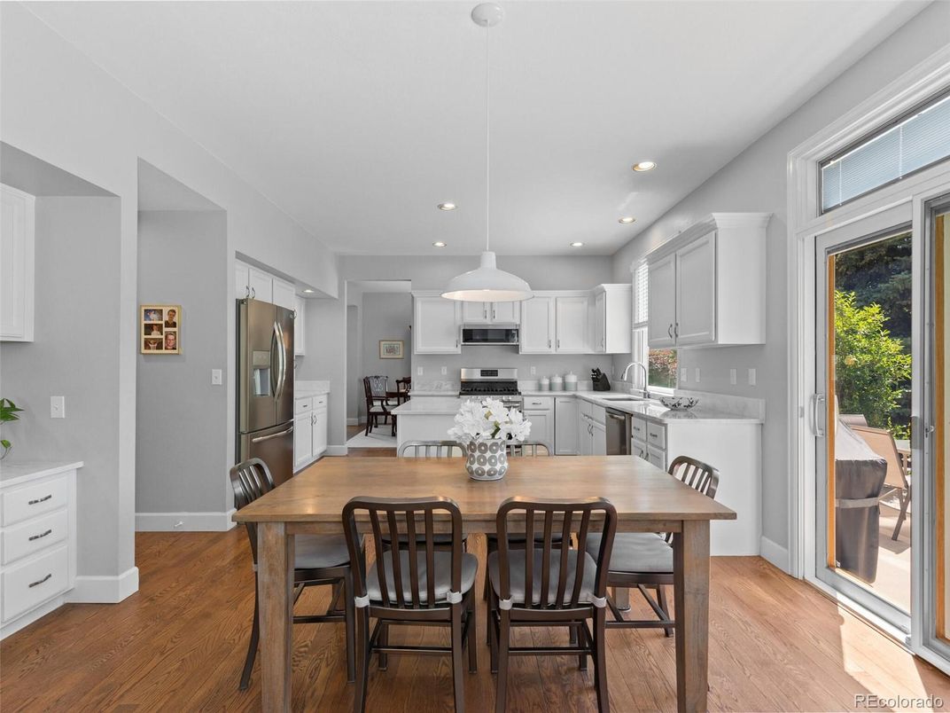 Dining room, Interior, Kitchen, Pendant Lights, Recessed Lighting, Stainless Steel Appliances, Wood Texture Flooring