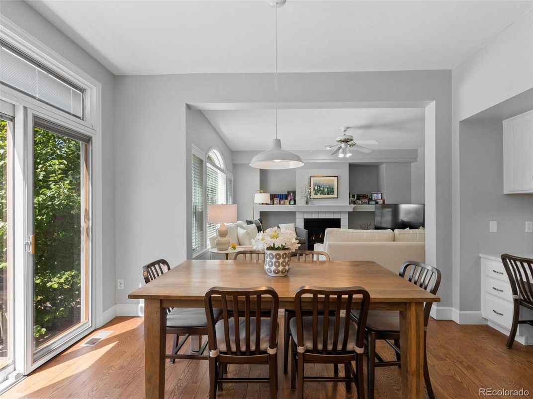 Dining room, Fireplace, Interior, Pendant Lights, Wood Texture Flooring