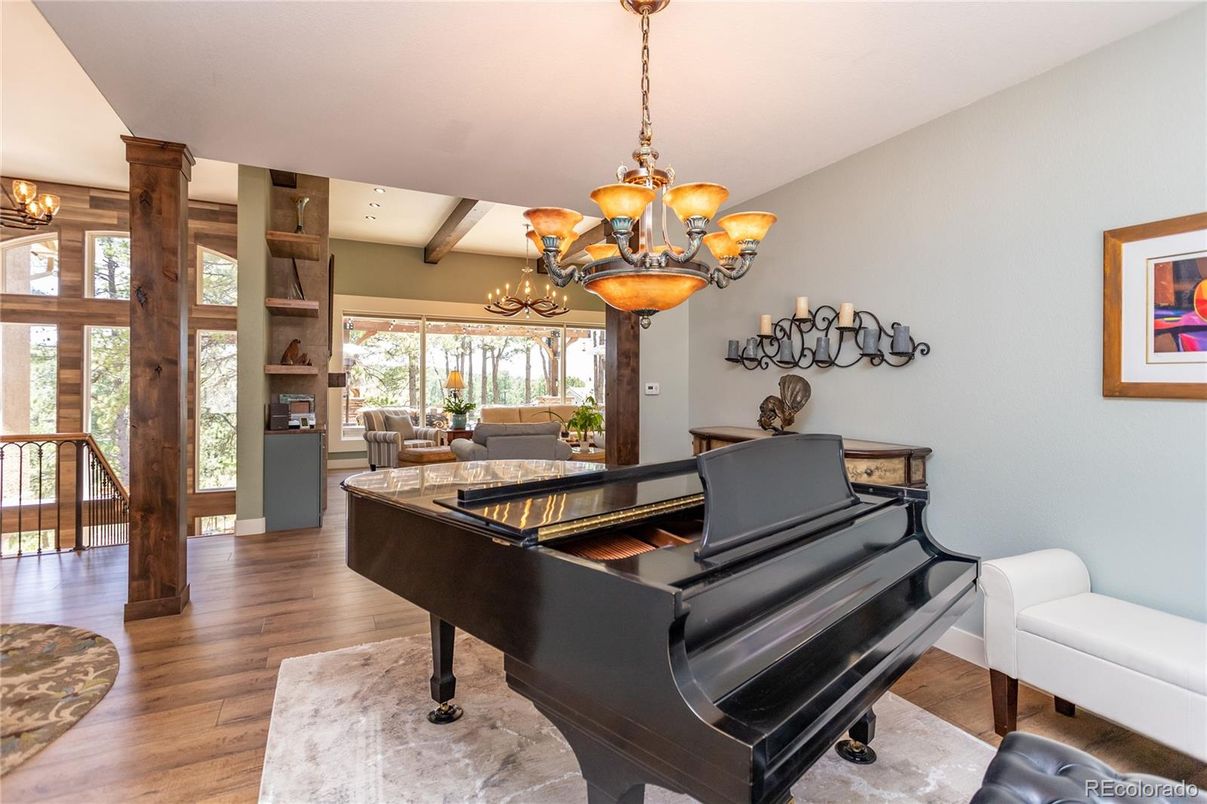 Chandelier, Interior, Living room, Piano, Recessed Lighting, Wooden Beams, Wood Texture Flooring