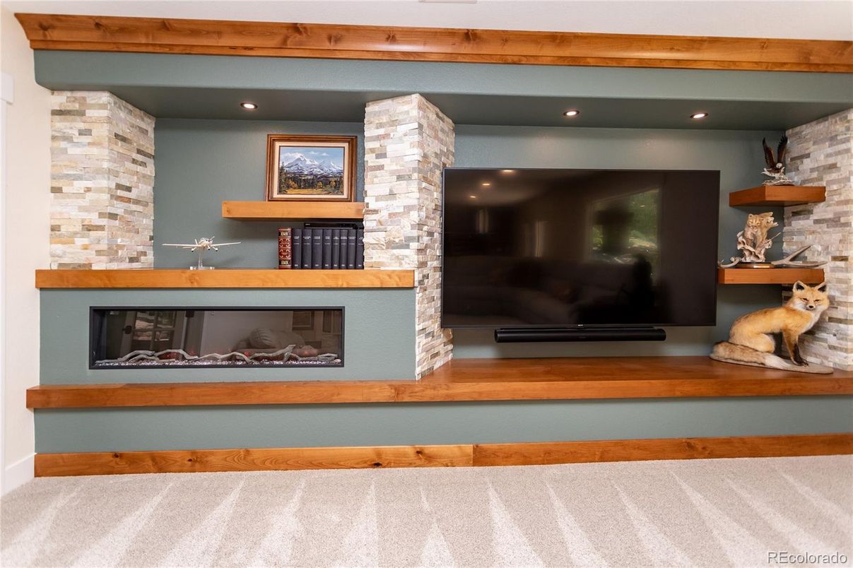Fireplace, Interior, Recessed Lighting, Stone Walls