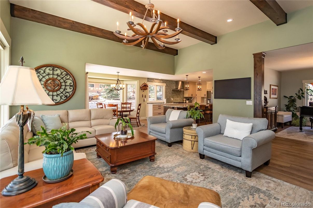 Chandelier, Dining room, Interior, Kitchen, Living room, Pendant Lights, Recessed Lighting, Wooden Beams, Wood Texture Flooring